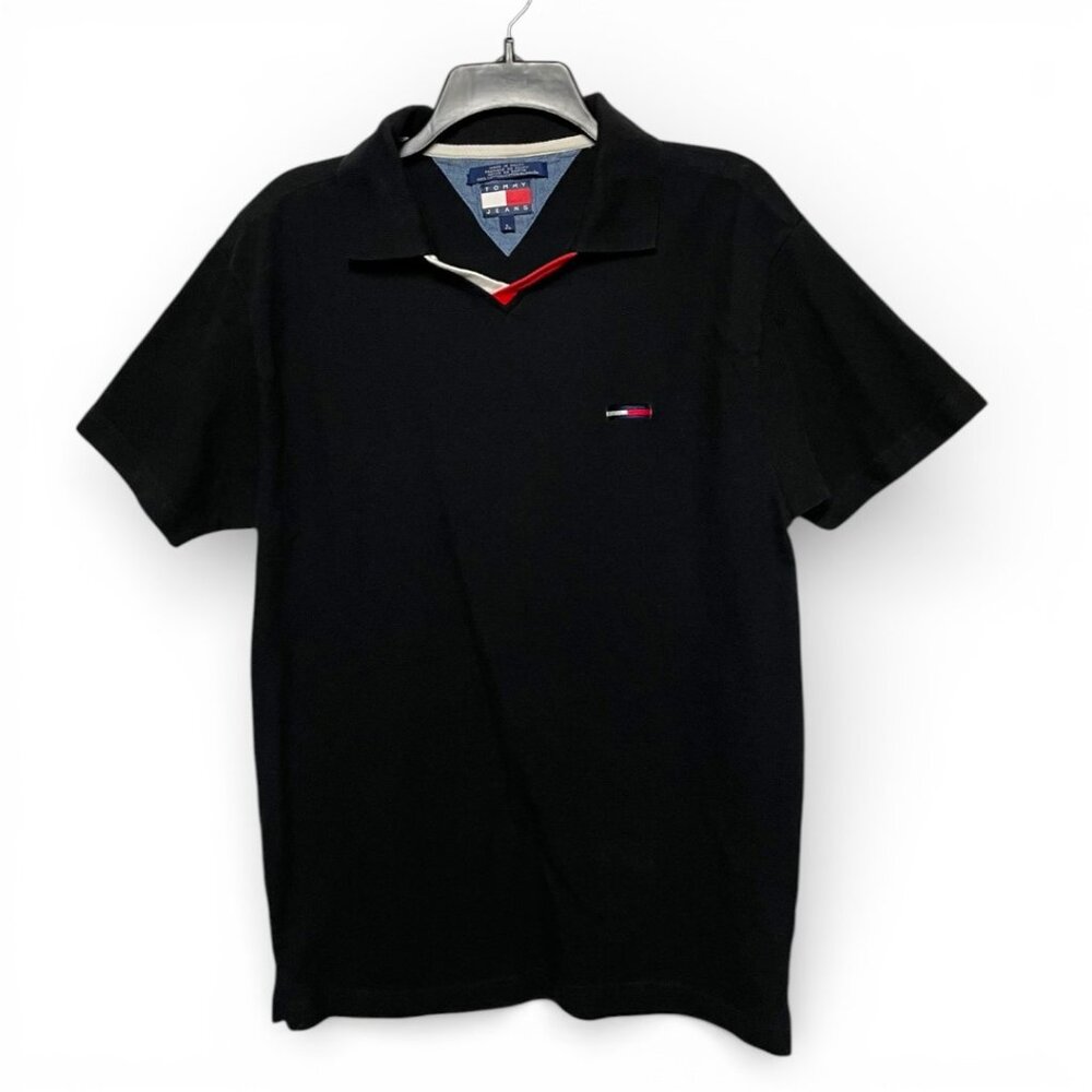 Vintage black Tommy Jeans polo with collar trim and embroidery cotton size large